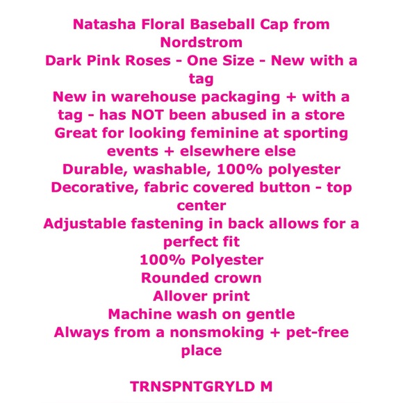 Nordstrom Natasha Satiny Baseball Cap Pink Roses Women Adjustable Back Fastener - Picture 2 of 11